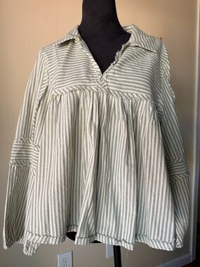 Women’s cozy boho blouse striped green white 100% cotton large illa illa